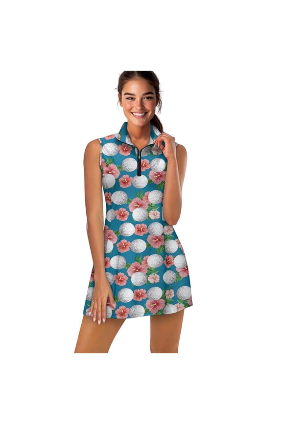 Tennis Dress for Women Stand Collar 2 Piece Set Sports Dresses Golf Ball and Hibiscus Dark Blue Print Sleeveless Quick Dry Golf Outfits with Shorts 2 Pockets, XS