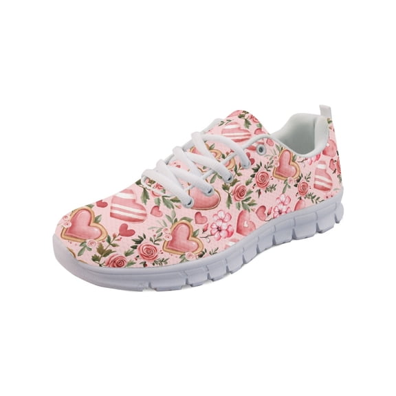 COEQINE Tennis Shoes for Women Girls Sneakers Lightweight Athletic Work Shoes Breathable Footwear for Jogging Training Climbing Hiking for Valentine's Day, Pink Heart Floral