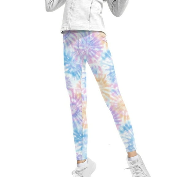 COEQINE Tie-Dye Violet Blue Yellow Girls Leggings Kids Stretchy Athletic Dance Workout Running Yoga Pants for Girls, for 12-13 Years Kids