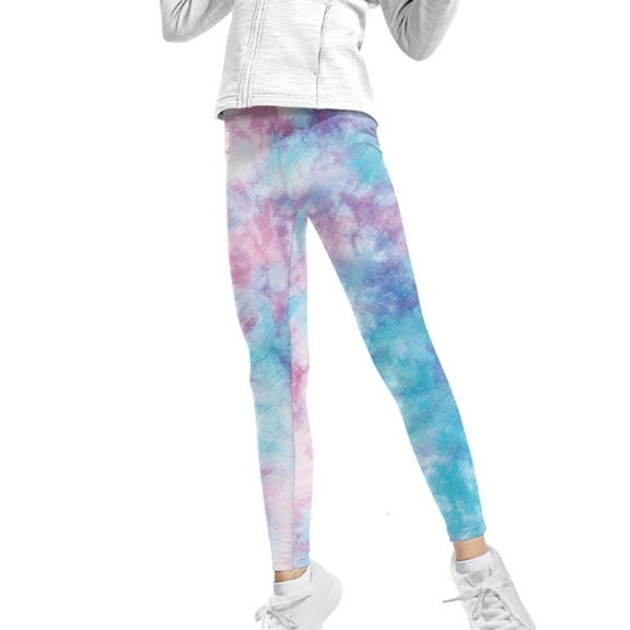 COEQINE Tie-dye Pink Blue Girls' Yoga Leggings Pants Full Length Athletic Trousers High Waist Tummy Control, for 4-5 Years Kids Girls