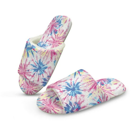 COEQINE Tie-dye Pink Blue Open Toe Slippers for Women, Comfortable Fuzzy Sandals Warm Slides Soft Indoor House Shoes for Men, Slippers Open Toe Cute Womens Footwear, 38-39