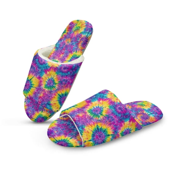 COEQINE Tie-dye Purple Yellow Slip On House Slippers Cozy Fluffy Sandals Soft Open Toe House Slides Trendy Bedroom Shoes Foldable Travel Slippers for Her Women Men Guest, 36-37
