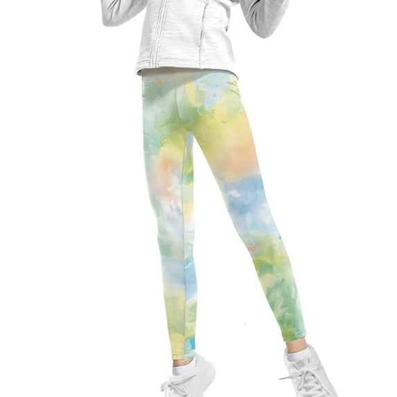 COEQINE Tie-dye Yellow Green Novelty Girls' Sport Legging Fashion Buttery Soft Yoga Pants for Jogging Running, for 6-7 Years Kids Girls