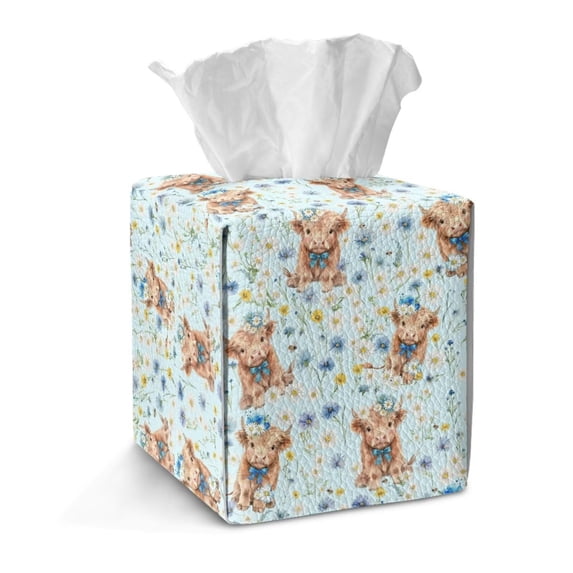 COEQINE Tissue Box Cover Dispenser Faux Leather Cube Tissue Cube Box Holder Snap Closure Table Dryer Sheet Dispenser for Home Office Decor RV Accessories, Highland Cow Floral Blue