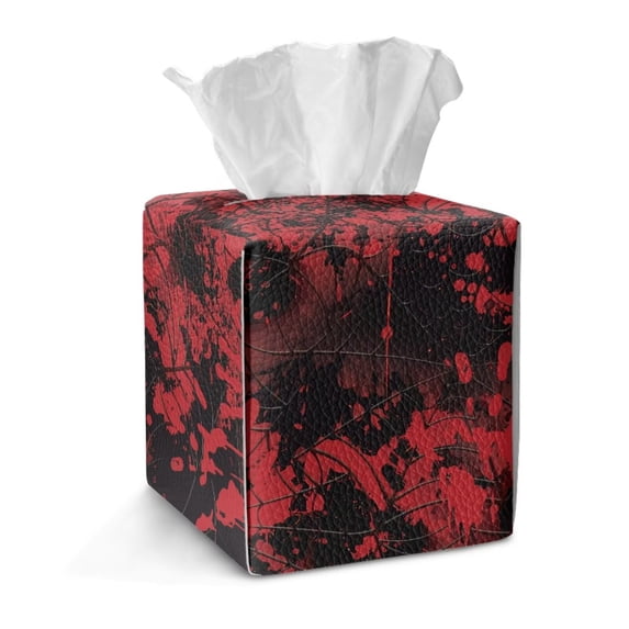 COEQINE Tissue Box Cover Holder Collapsible Decorative Holder PU Leather Square Tissue Bag Dispenser for Parlors Bathroom Kitchen Home & Office Decor, Bloody Print Cobweb