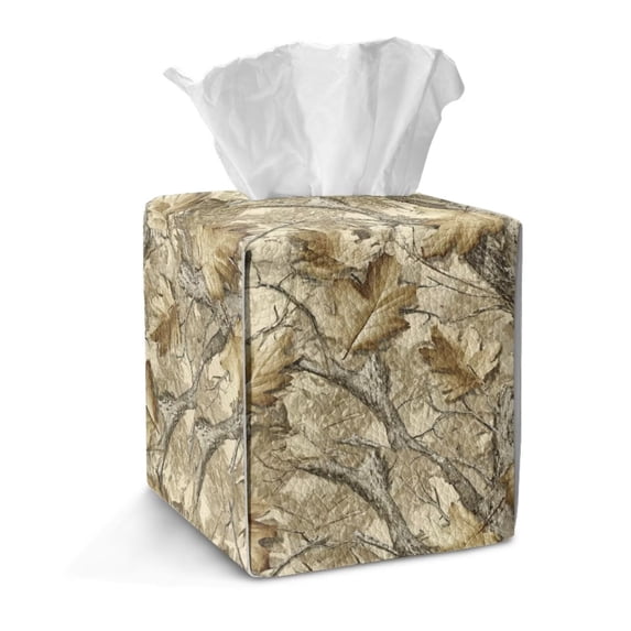 COEQINE Tissue Box Cover Holder Collapsible Decorative Holder PU Leather Square Tissue Bag Dispenser for Parlors Bathroom Kitchen Home & Office Decor, Camo Hunting Forest Branch