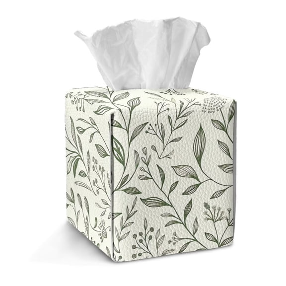 COEQINE Tissue Box Cover Holder Collapsible Decorative Holder PU Leather Square Tissue Bag Dispenser for Parlors Bathroom Kitchen Home & Office Decor, Green Beige Leaf