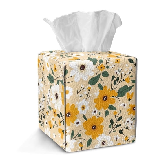 COEQINE Tissue Box Cover Holder Collapsible Decorative Holder PU Leather Square Tissue Bag Dispenser for Parlors Bathroom Kitchen Home & Office Decor, Yellow Flower