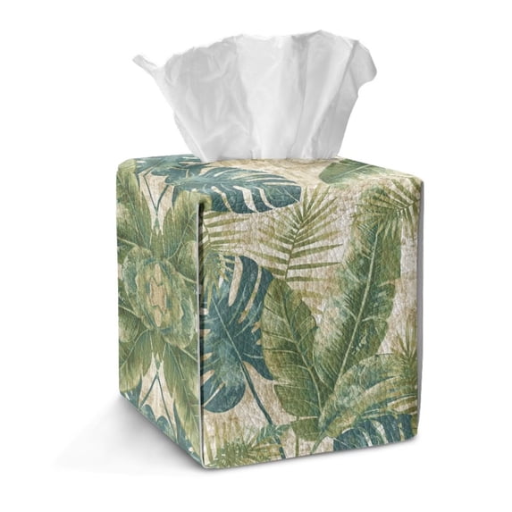 COEQINE Tissue Box Cover Holder Faux Leather Cube Napkin Dispenser Snap Closure Tissue Holder Space Saving for Kitchen Bathroom Bedroom Office Car, Tropical Palm Monstera Banana Leaf
