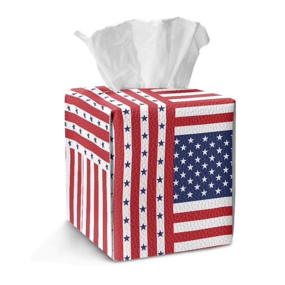 COEQINE Tissue Box Cover PU Leather Collapsible Square Tissue Cube Box Holder 4th of July Decorative for Dressers, Tabletop, Nightstand, Dining Table, Office Desk, USA Flag Star Stripe
