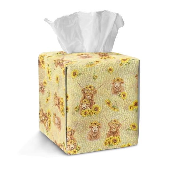 COEQINE Tissue Box Cover PU Leather Collapsible Square Tissue Cube Box Holder Decorative for Dressers, Tabletop, Nightstand, Dining Table, Office Desk, Highland Cow Sunflower Yellow