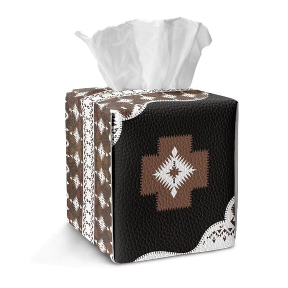 COEQINE Tissue Box Cover PU Leather Collapsible Square Tissue Cube Box Holder Decorative for Dressers, Tabletop, Nightstand, Dining Table, Office Desk, Southwest American Tribal Brown Black