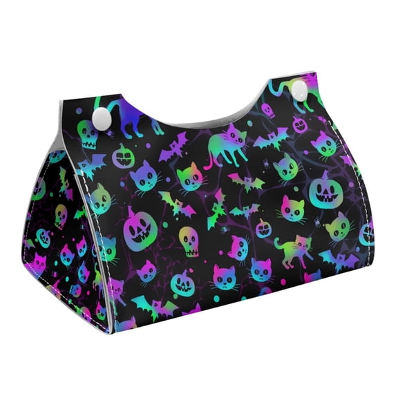 COEQINE Tissue Box Cover PU Leather Napkin Tissue Case Rectangle Tissue Holder Modern Table Dryer Sheet Dispenser for Creative Home Kitchen Car Halloween Decor, Cat Pumpkin Bat Skull Colorful