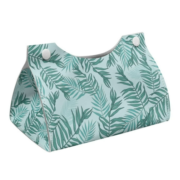 COEQINE Tissue Box Cover PU Leather Rectangle Tissue Case Holder Facial Tissue Dispenser for Bathroom Bedroom Kitchen Office Car Modern Decorative, Palm Leaf Blue