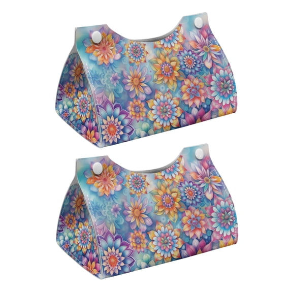 COEQINE Tissue Box Cover PU Leather Rectangular Napkin Tissues Organizer Napkin Tissue Dispenser for Kitchen Bathroom Bedroom Office Car Home Decor, Bohemian Flower Yellow Violet, 2 PCS