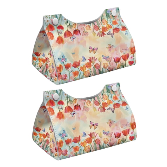 COEQINE Tissue Box Cover PU Leather Tissue Box Case Modern Rectangle Tissue Case Holder Table Dryer Sheet Dispenser for Home Decor Creative Decorative, Butterfly Tulip Flower Colorful, 2 PCS