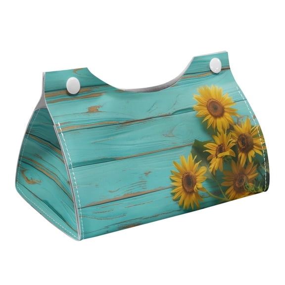 COEQINE Tissue Box Cover PU Leather Tissue Box Case Modern Rectangle Tissue Case Holder Table Dryer Sheet Dispenser for Home Decor Creative Decorative, Sunflower Blue Wood Grain