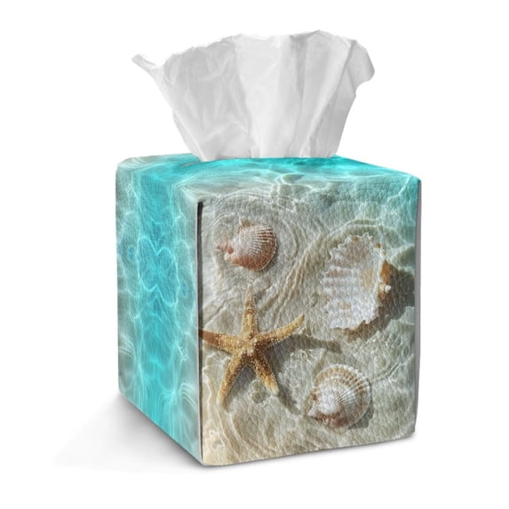 COEQINE Tissue Box Holder Organizer PU Leather Square Facial Paper Dispenser Creative Home Decor for Kitchen Bathroom Living Room, Universal Size, Beach Starfish Seashell
