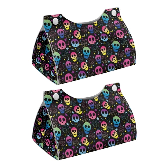 COEQINE Tissue Holder Dispenser Creative Napkin Tissue Box Holder PU Leather Stylish Rectangle Tissue Case Organizer Decorative Accessories for Halloween Home Decor, Skull Moon Star Colorful, 2 PCS