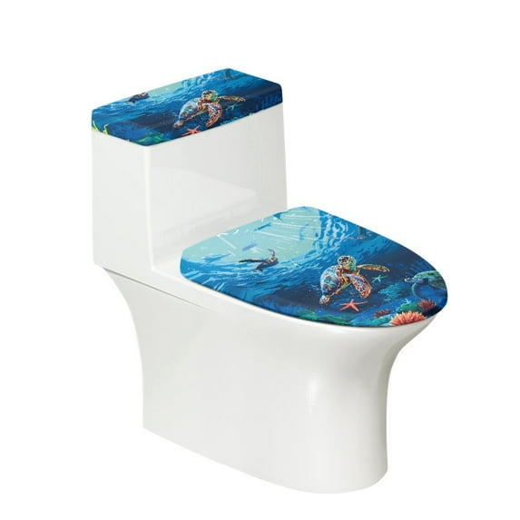 COEQINE Toilet Lid Cover and Toilet Tank Cover, Elastic Bottom Replacement Easy Installation Toilet Lid Covers 2 Pcs Set for Bathroom Decor, Sea Turtle Starfish Sea