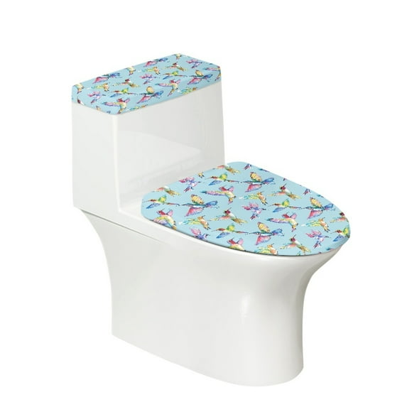 COEQINE Toilet Lid Cover and Toilet Tank Cover, Polyester Fabric Breathable Stretchable Toilet Cover 2 Piece Set for Indoor Decoration, Colorful Hummingbird Blue