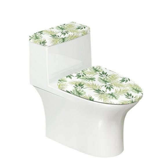 COEQINE Toilet Lid Cover and Toilet Tank Cover, Universal Breathable Machine Washable Toilet Cover Set 2 Pcs Palm Leaf White Toilet Lid Dust Cover Set for Bathroom Decor