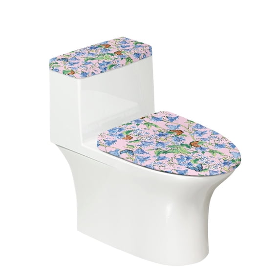 COEQINE Toilet Lid Dust Cover 2 Piece Set, Replacement Machine Washable Stretchable Toilet Cover Set for Home Bathroom Decoration, Bellflower Butterfly Pink