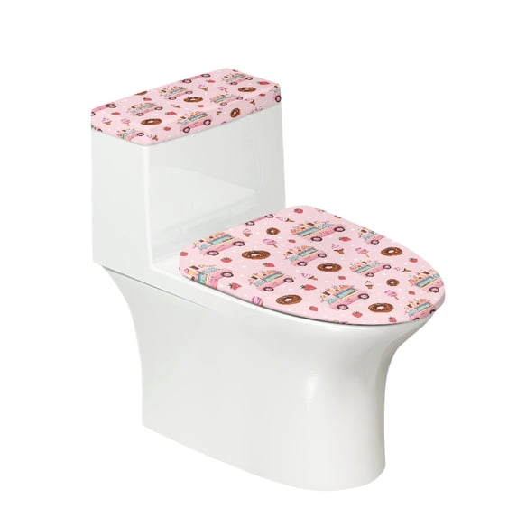 COEQINE Toilet Lid Dust Cover Set Easy Installation Machine Washable Stretchable with a 2-Piece Toilet Cover Set, Car Donut Ice Cream Strawberry Pink