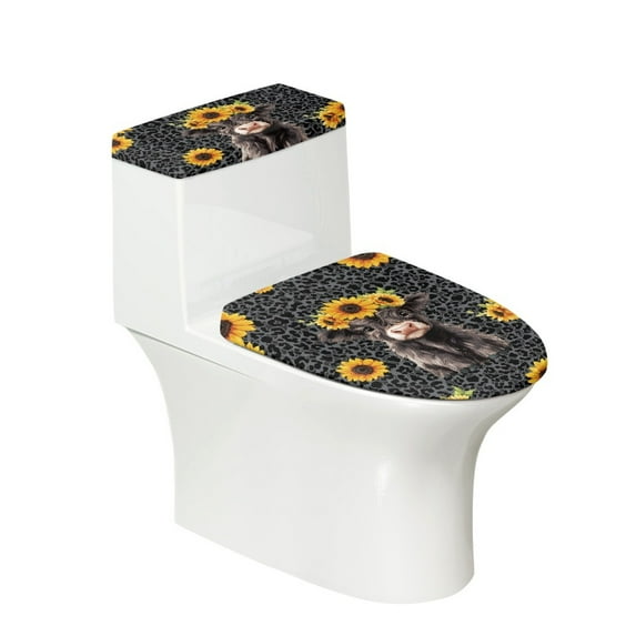 COEQINE Toilet Lid Dust Cover Set Machine Washable Easy Installation Easy to Clean with a 2-Piece Toilet Cover Set, Sunflower Highland Cow Gray Leopard Print