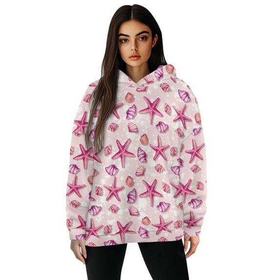 COEQINE Tops Long Sleeves Oversized Women's Hoodies Sweatshirts Pullover Fashion Y2K Crewneck Fit Soft Loose Hooded Sweatshirt Oversized Starfish Shells and Conch Pink, L