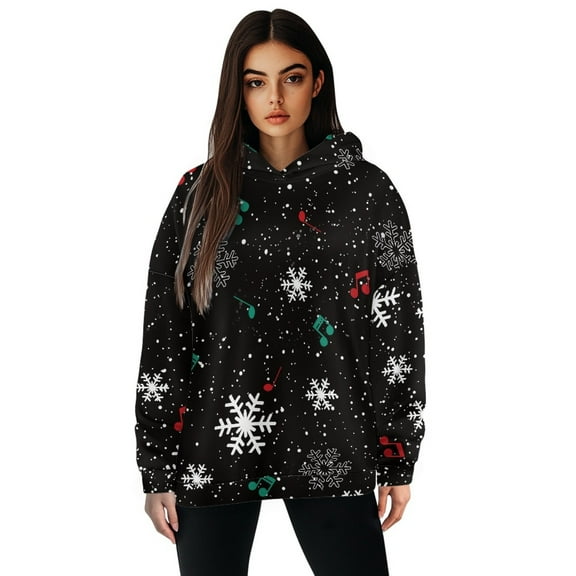 COEQINE Tops Long Sleeves Sweatshirts Pullover Oversized Women's Hoodies Snowflakes and Musical Symbols Fashion Y2K Crewneck Casual Wear Fit Loose Cozy Soft Hooded Sweatshirt, XL
