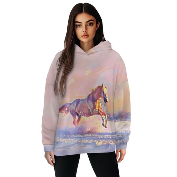 COEQINE Tops Women's Hoodies Oversized Pullover Sweatshirts Cozy Crewneck Soft Long Sleeves Lightweight Y2K Fashion Loose Hooded Sweatshirt Horse Printing Fall Winter Outfits Clothes, L