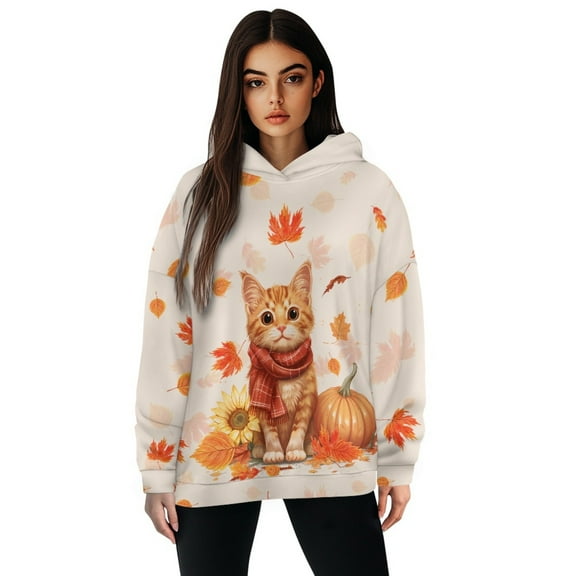 COEQINE Tops Women's Hoodies Oversized Pullover Sweatshirts Soft Long Sleeves Lightweight Y2K Fashion Loose Cozy Casual Maple Leaf and Cat Printing Fall Winter Outfits Clothes, 2XL