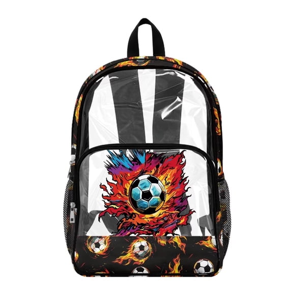 COEQINE Transparent Clear Backpack for Boys Girls See Through PVC Bag for Stadium Concert, 17 Inch Large Capacity Football Schoolbag Daypack with Multiple Pockets, Soccer Fire Flame Graffiti