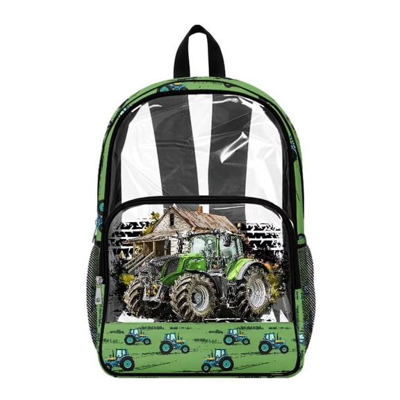 COEQINE Transparent Clear Backpack for Girls Boys See Through Bag PVC & Polyester Backpack for School Heavy Duty Daypack with Multi-Pocket for Sporting Events, Farm Tractor Green
