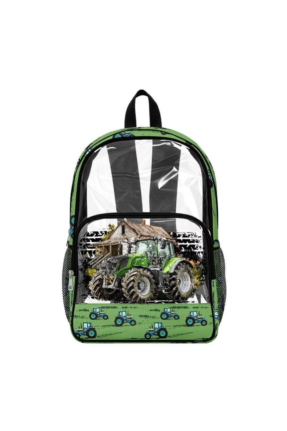 Transparent Clear Backpack for Girls Boys See Through Bag PVC & Polyester Backpack for School Heavy Duty Daypack with Multi-Pocket for Sporting Events, Farm Tractor Green