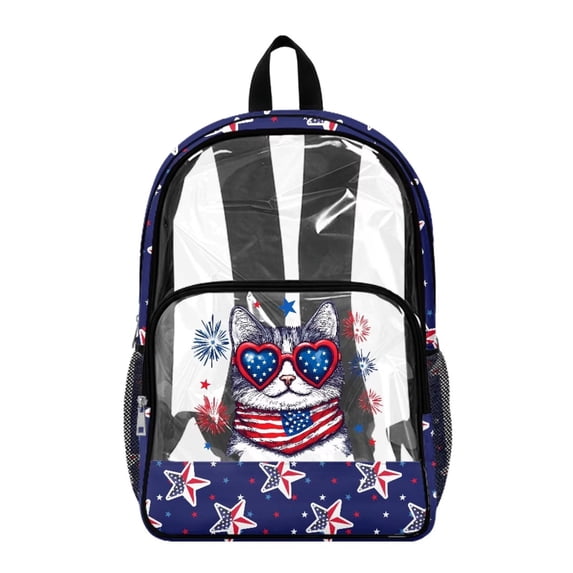 COEQINE Transparent Clear Backpack for Women Girls See Through PVC Bag for Stadium Concert, 17 Inch Large Capacity Schoolbag Cute Daypack for 4th of July, Cat American Flag Star