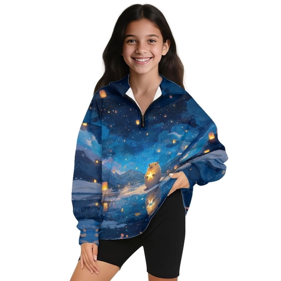 COEQINE Trendy Loose Fit Quarter Zip Sweatshirt for Girls, Long Sleeve Pullover Tops with Collar, Casual Oversized Sweatshirt for Teens Kids 11-12 Years, Capybara Star Galaxy