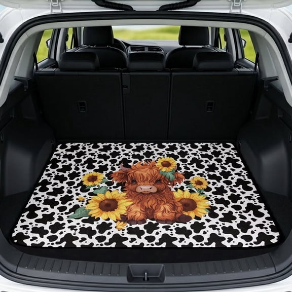 COEQINE Trunk Mat for SUV, Non-Slip Car Cargo Liner Protective Mat Scratch-proof Washable Dog Seat Cover Fit for SUV, Sedan, Truck, 29" x 39", Highland Cattle Sunflower Cowhide