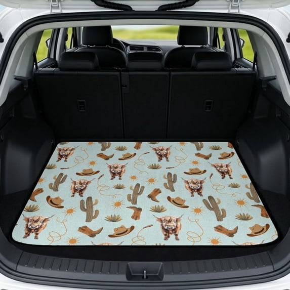 COEQINE Trunk Mat for SUV, Non-Slip Car Cargo Liner Protective Mat Scratch-proof Washable Dog Seat Cover Fit for SUV, Sedan, Truck, 29" x 39", Highland Cow Cowboy Cactus Blue