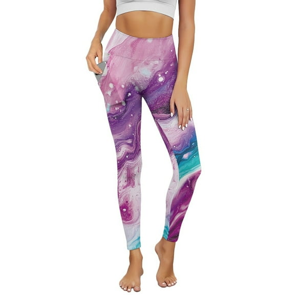 COEQINE Tummy Control Yoga Pants for Women with Pockets Buttery Soft Breathable 4-Way Stretch Athletic Leggings Violet Blue Tie-Dye Compression Hip Lift Tights for Shopping, 3XL