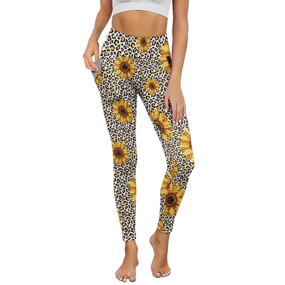 COEQINE Tummy Control Yoga Pants for Women with Pockets High Waisted Buttery Soft 4-Way Stretch Athletic Leggings Casual No See Through Hip Lift Tights, Sunflower Yellow Leopard Print, S