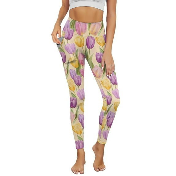 COEQINE Tummy Control Yoga Pants for Women with Pockets High Waisted Casual 4-Way Stretch Athletic Leggings Yellow Violet Tulip Buttery Soft No See Through Tights, 3XL
