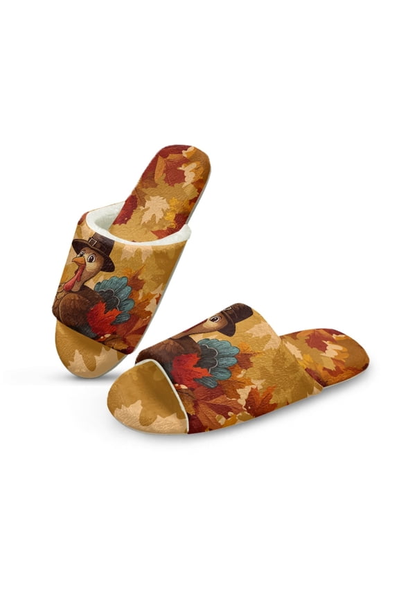 Turkey Maple Leaf Womens Fuzzy Slippers Cozy Indoor Shoes Trendy Fall House Slippers Comfortable Open Toe Home Sandals Slip On House Shoes for Bedroom Travel Party, 38-39