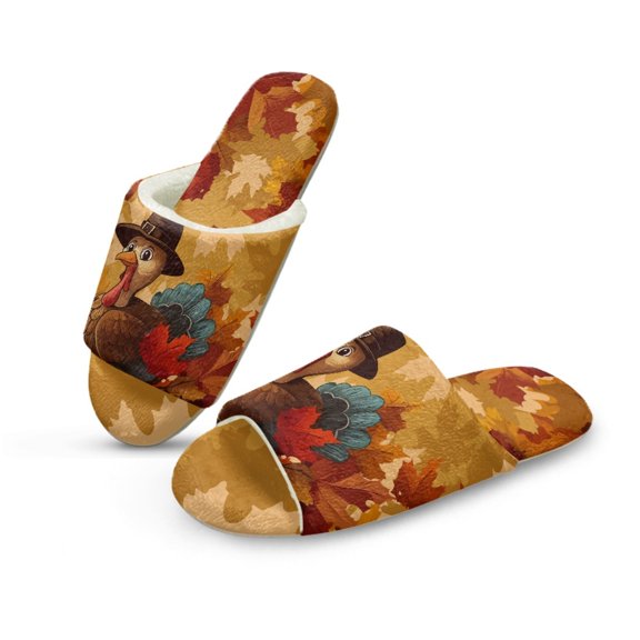 COEQINE Turkey Maple Leaf Womens Fuzzy Slippers Cozy Indoor Shoes Trendy Fall House Slippers Comfortable Open Toe Home Sandals Slip On House Shoes for Bedroom Travel Party, 38-39