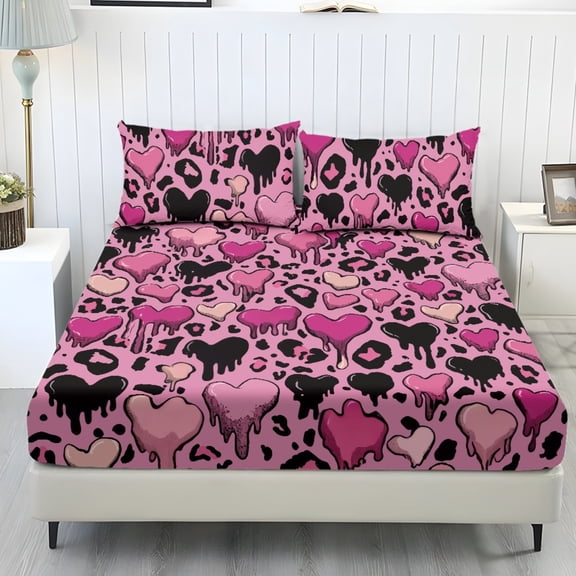 COEQINE Twin Sheet Set 3 Pieces Bed Sheets Set, Soft Breathable Easy Care Bedding Set All Season Bottom Bedsheet for Twin Size Bed for Valentine's Day Decor, Pink Heart Leopard Print