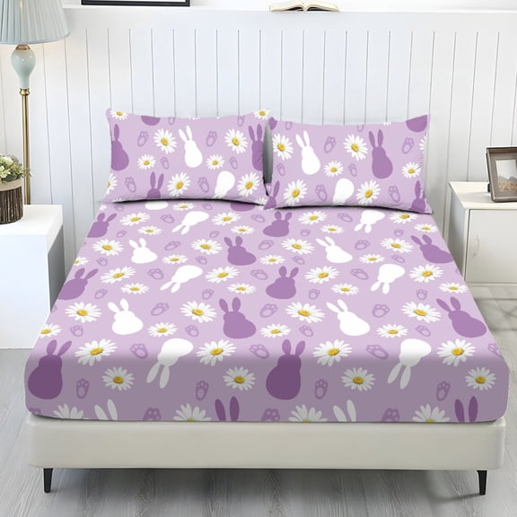 COEQINE Twin Sheet Set 3 Pieces Bed Sheets Set, Soft Breathable Easy Care Bedding Set All Season Long Lasting Bottom Bedsheet for Twin Size Bed, Easter Rabbit Daisy Purple