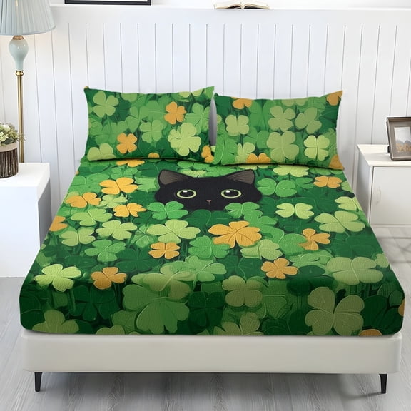 COEQINE Twin Sheet Set 3 Pieces Bed Sheets Set, Soft Breathable Easy Care Bedding Set All Season Long Lasting Bottom Bedsheet for Twin Size Bed for St. Patrick's Day Decor, Cat Clover Green