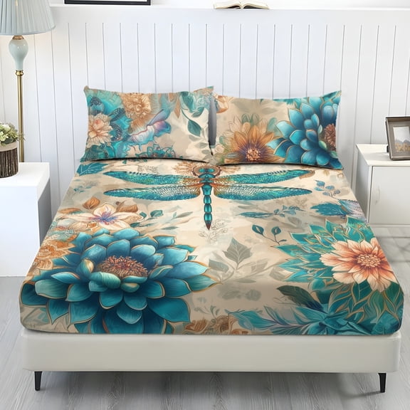 COEQINE Twin Sheet Set 3 Pieces Bedding Set, Comfort Fade Resistant Fitted Sheet with 2 Pillowcases, Winter Bottom Bedsheet Easy & Secure Fit, Blue Dragonfly Boho Floral