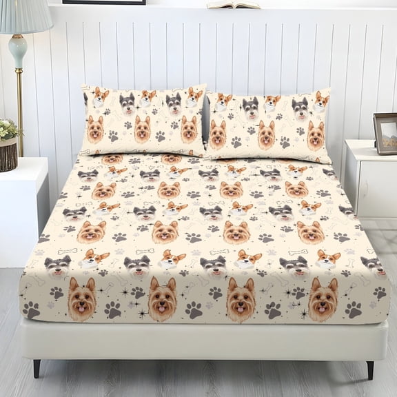 COEQINE Twin Sheet Set 3 Pieces Bedding Set, Comfort Fade Resistant Fitted Sheet with 2 Pillowcases, Winter Bottom Bedsheet Easy & Secure Fit, Cute Yorkshire Corgi Paw